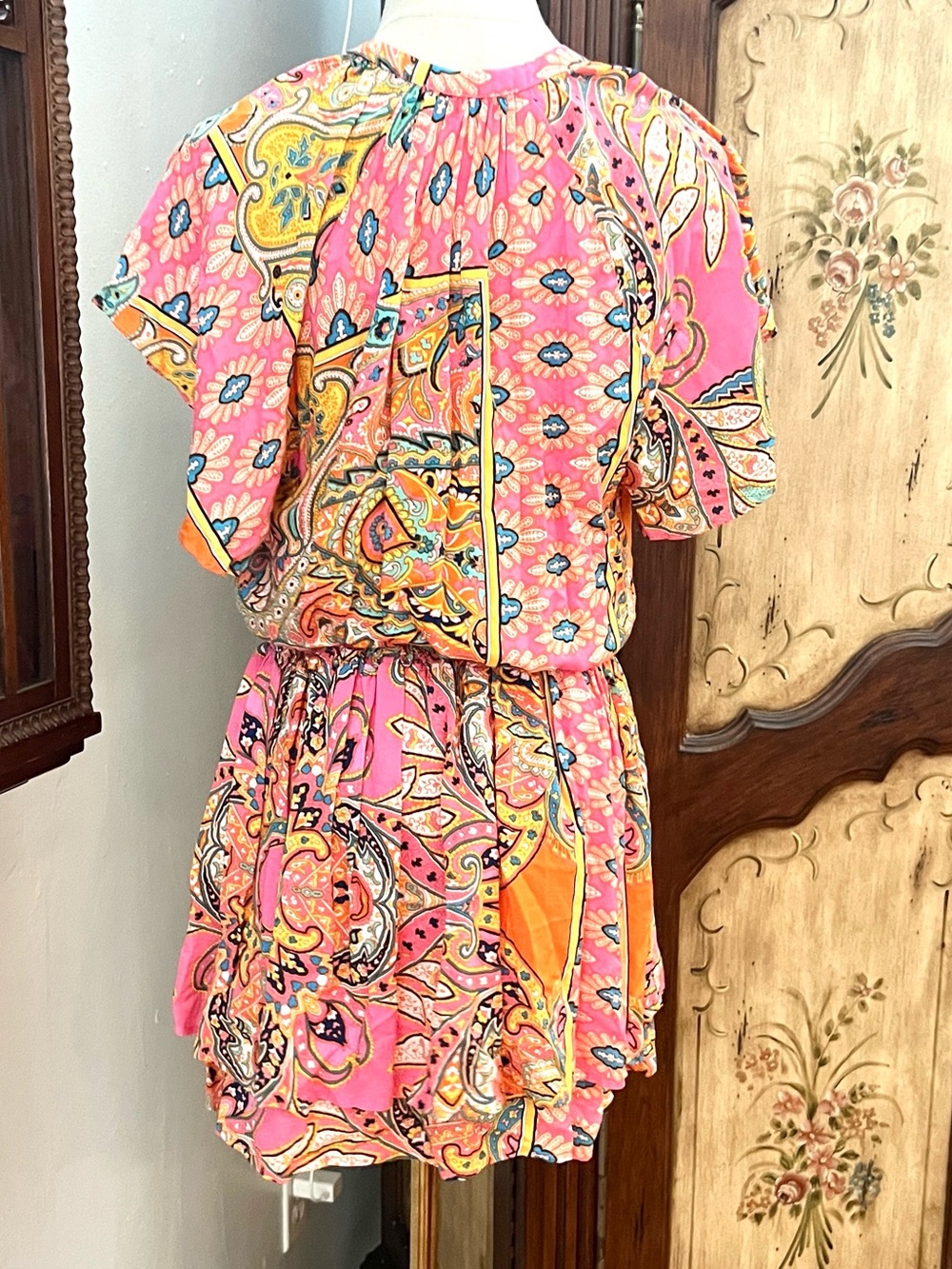 KARLIE Pink Orange Paisley Smocked Waist Ruffle Mini Dress Pockets Size Medium - Picture 2 of 12